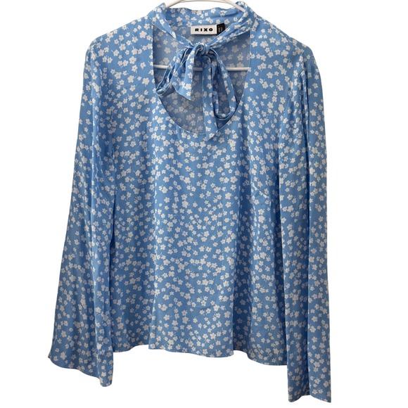 RIXO Tops - RIXO Josie Blue Floral Print Bow Neck Long Sleeve Viscose Blouse Top Size L